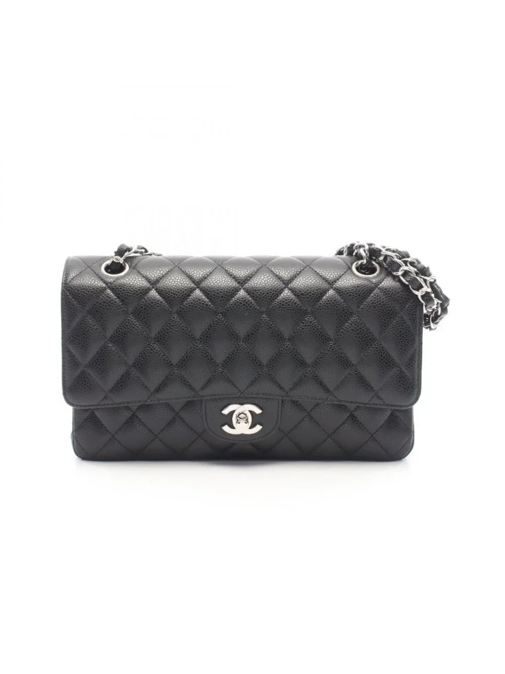 Chanel Shoulder Bag Quilted Double Flap Black Caviar Leather Chain